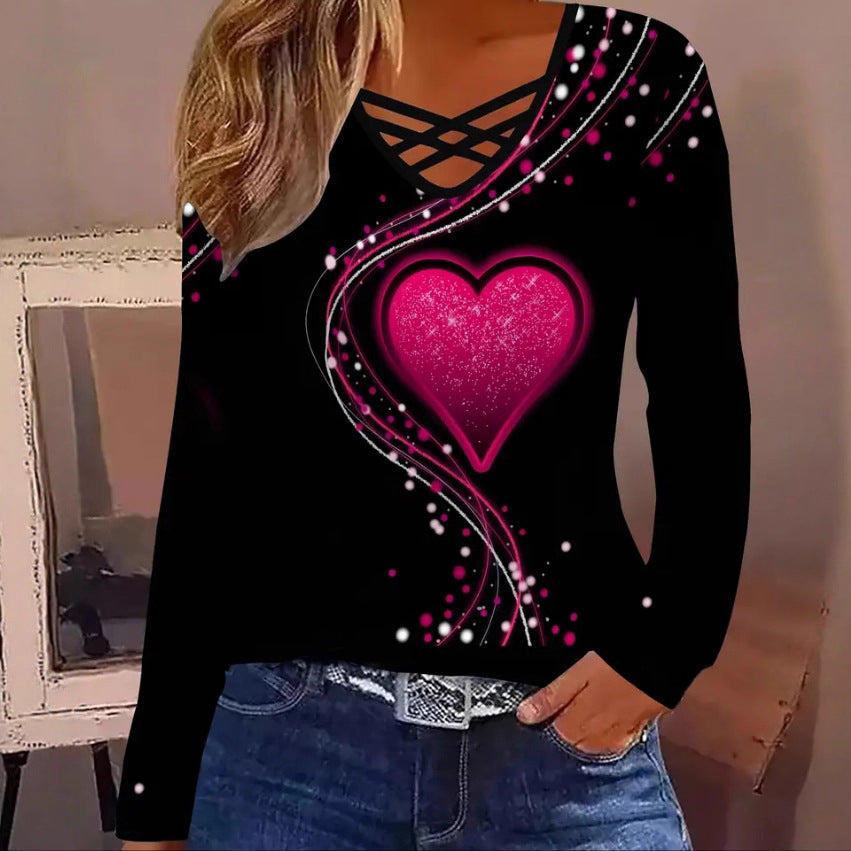 Women's Casual Long Sleeve Top With A Heart Patterned V Neck