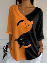 Fashion Slim-fit Printed Cat Women's T-shirt