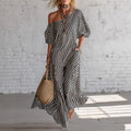 Printed Elegant Classic Striped Off-Shoulder Long Dress
