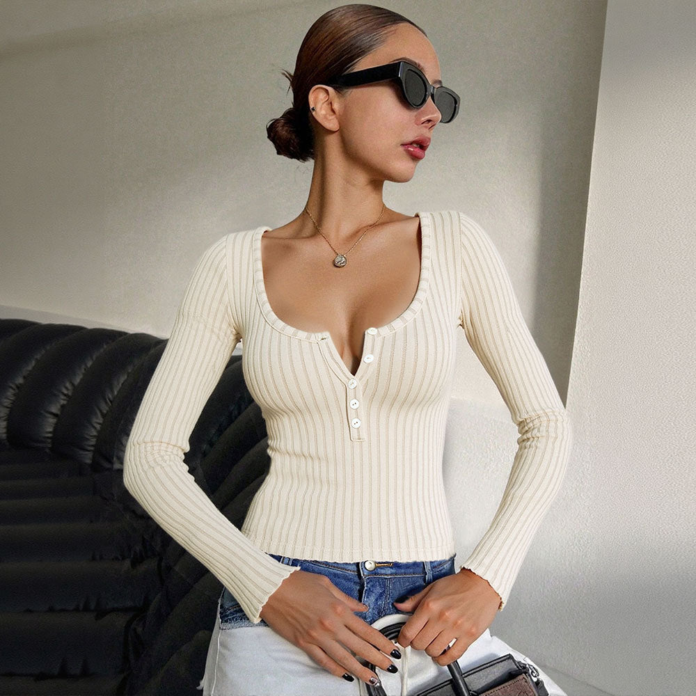 American-style Semi-open U-neck Knitwear Long-sleeved Button-up Elegant Slim-fit Top