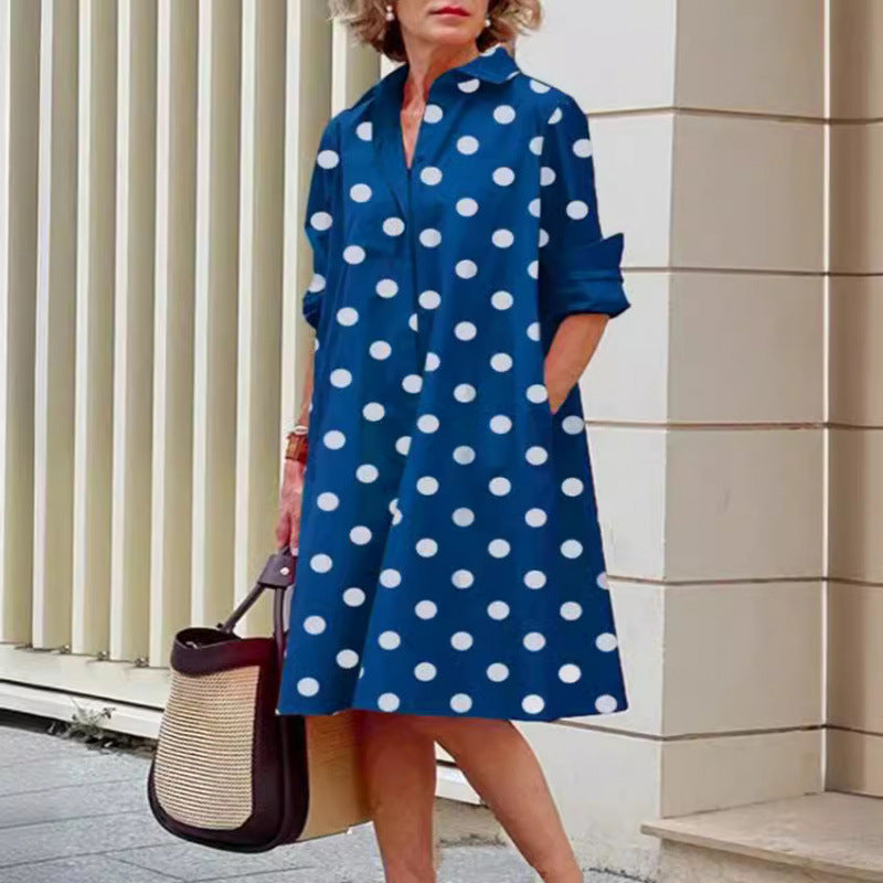 Elegant Polka-dot Printed Shirt-collar Mid-length Dress With Long Sleeves
