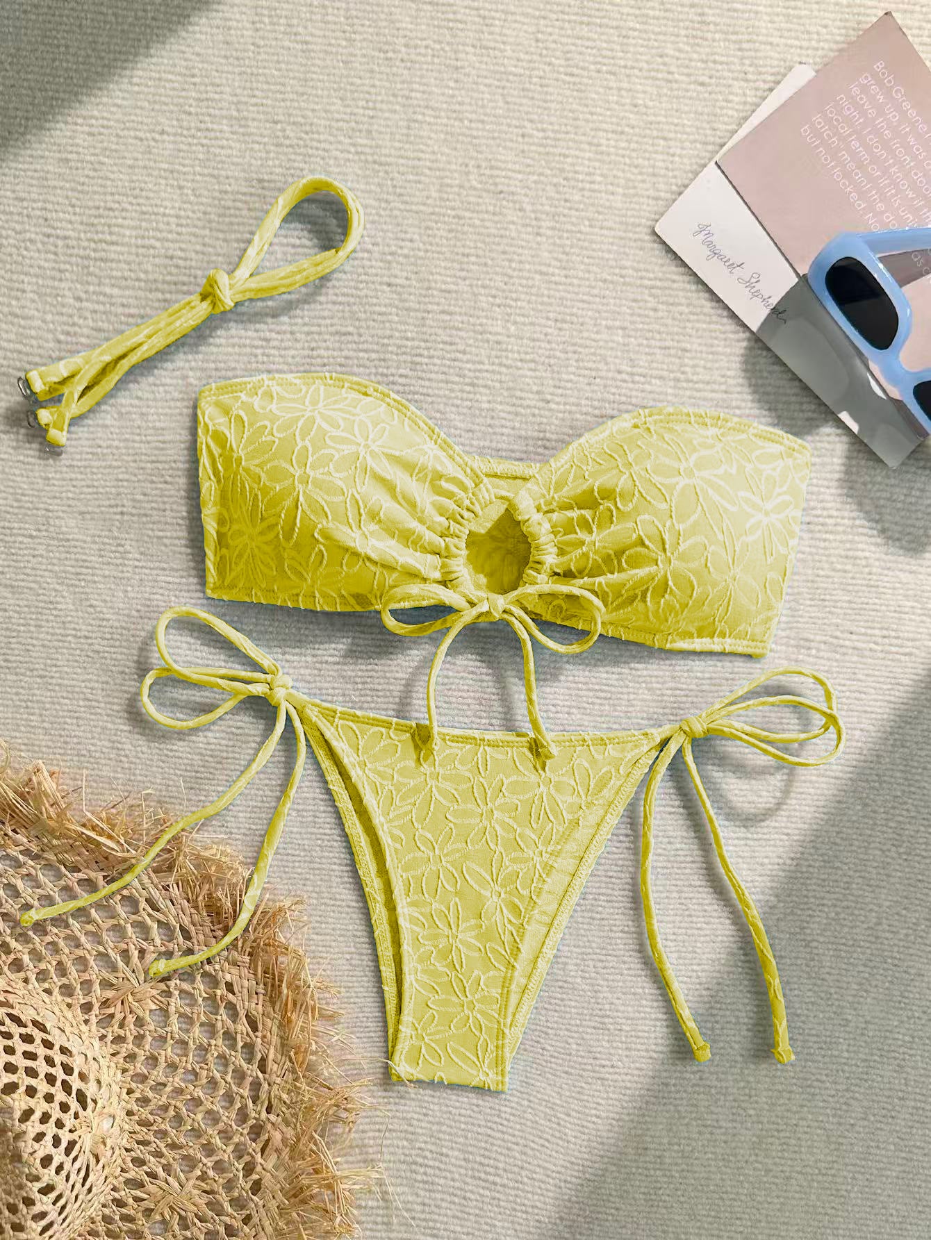Bikini In Solid Color With A Light Reflecting Towel Like Fabric Womens Two Piece Swimsuit With Tie Up Straps