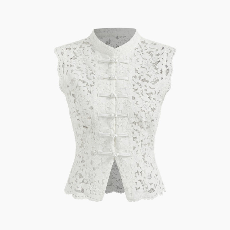 Lace Shirt Lapel Hollow Slit Vest Knot Sleeveless Top