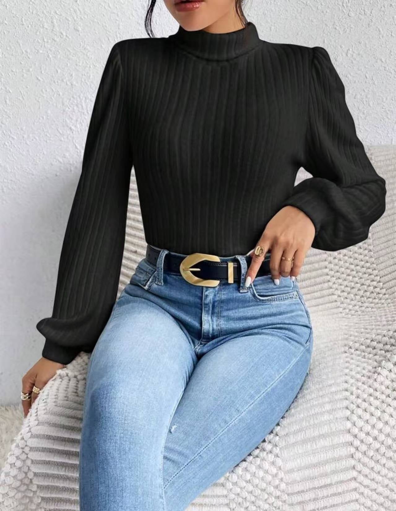 Knitted Brushed-fabric Top With A Turn-down Collar And Lantern Sleeves