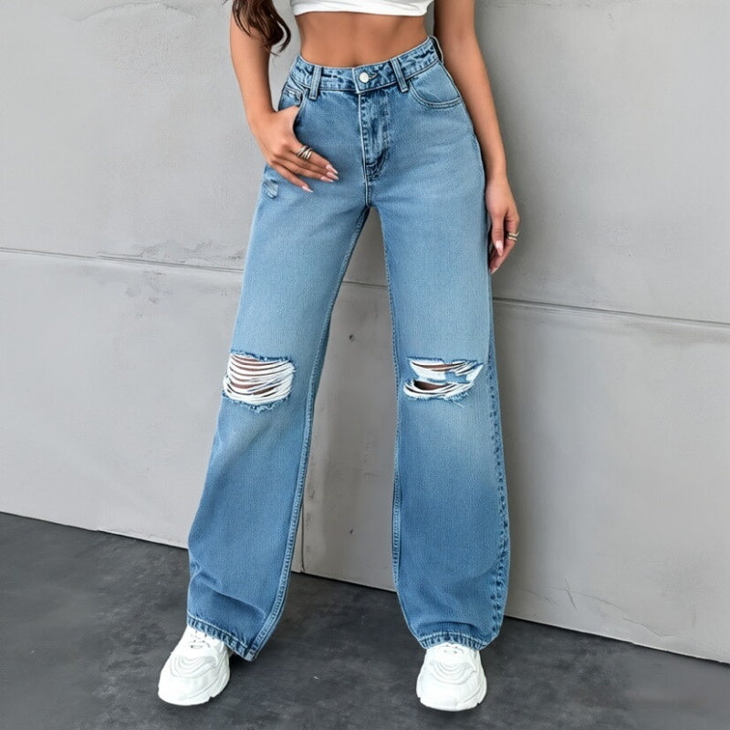 Womens Washed Casual Straight Jeans