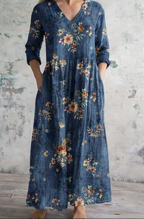 Womens Loose Stylish V-Neck Printed Dress