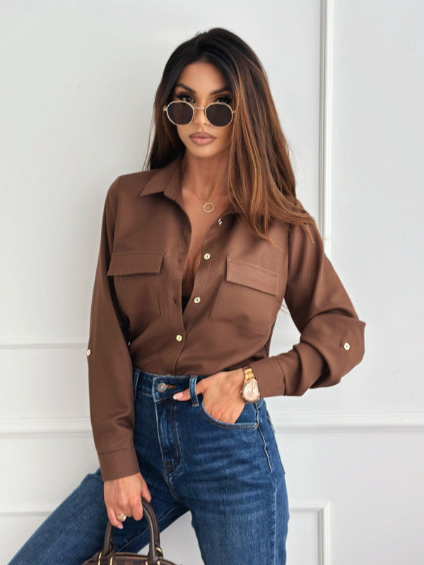 Womens Versatile Solid-color Button-up Top