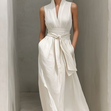 Mori Girl Style V-Neck Sexy Backless Fresh And Sweet White Cathedral Train Maxi Dress