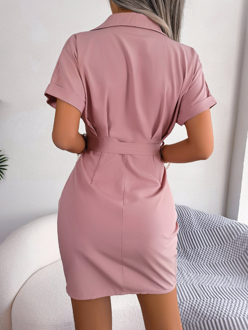Women   Casual Solid Color Batwing Sleeve Tie Waist Crinkled Shirt Dress