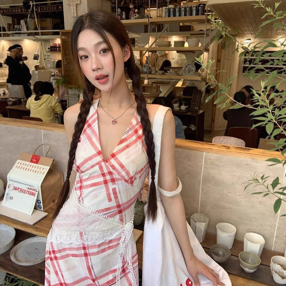 Sleeveless Cinched-waist Elegant Red Plaid Dress