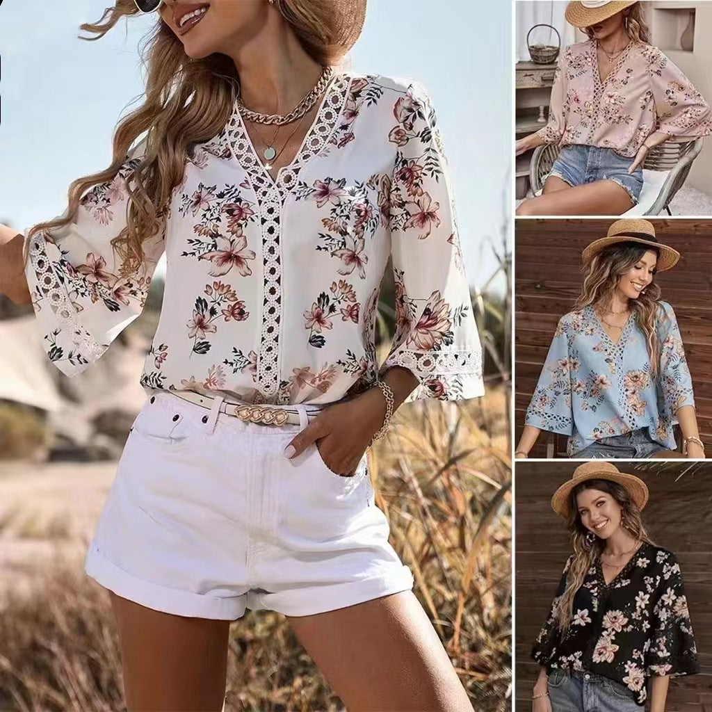Loose V-neck Elegant Commuting Bell-sleeve Lace Top