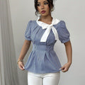 Color-blocked Tie-neck Short-sleeved Waist-cinching A-line Striped Shirt