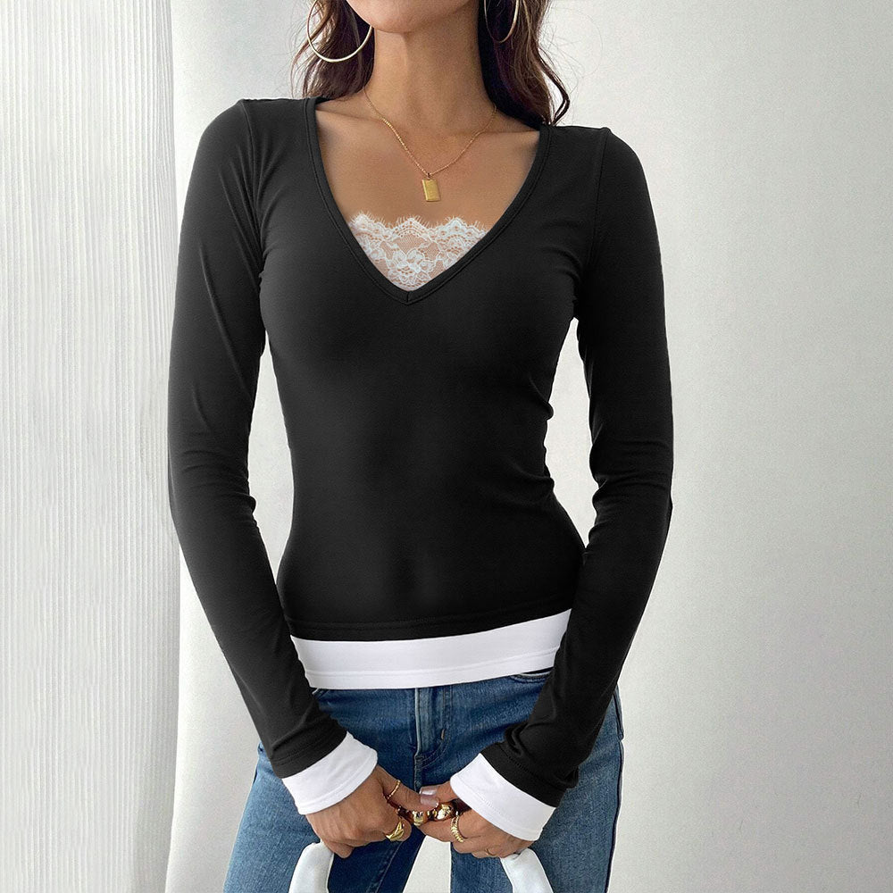 Autumn And Winter Pure Desire Style Sexy V-neck Long Sleeve Color-blocking Fake Two-piece Waist-cinching Top
