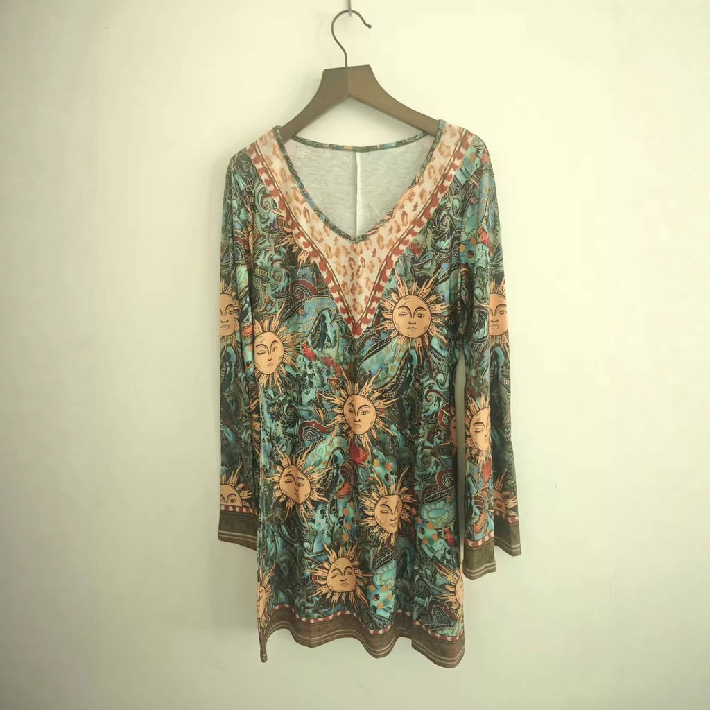 Spring Autumn Cinched-waist Floral A-line Dress
