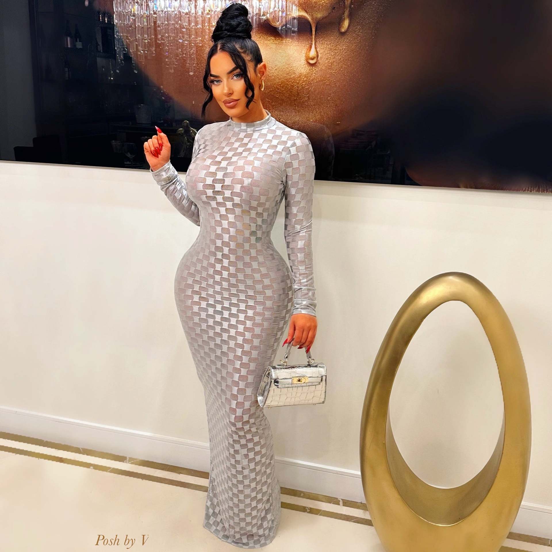 Fashionable Mesh Plaid Dress For Women