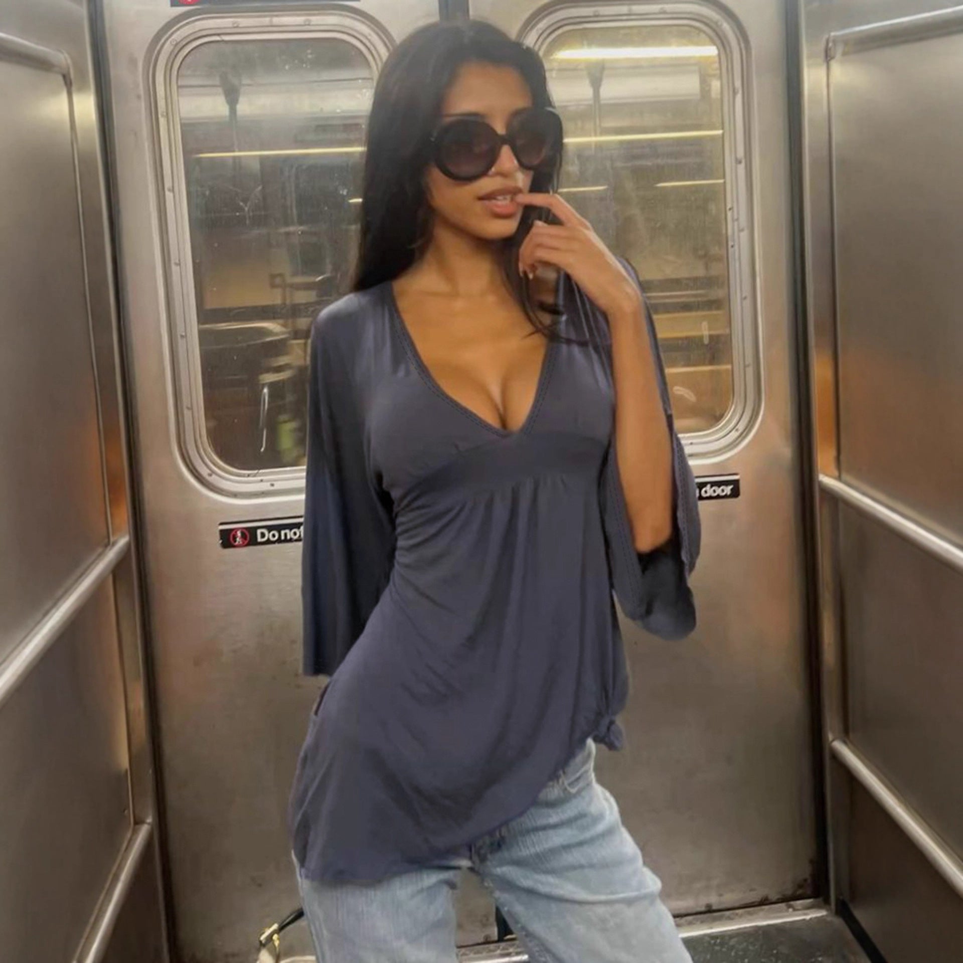 Sexy Deep V-neck Trumpet Mid-length Sleeve Top For Women