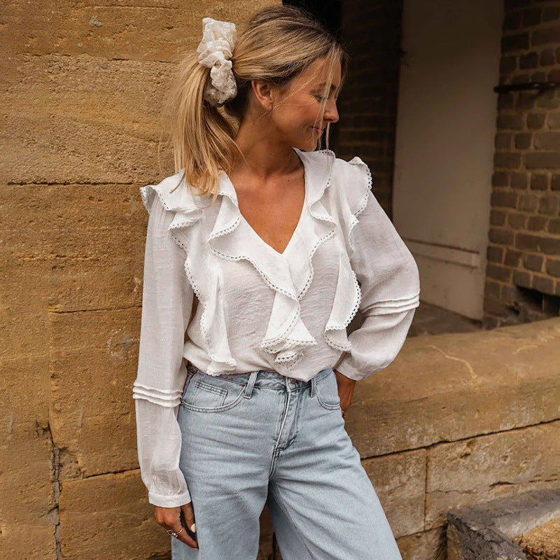 French Pastoral Style Lace Ruffled V-neck Blouse For Women