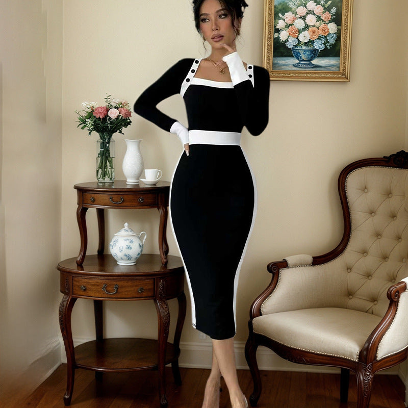 Womens Patchwork Color-Block Bodycon Skirt Dress