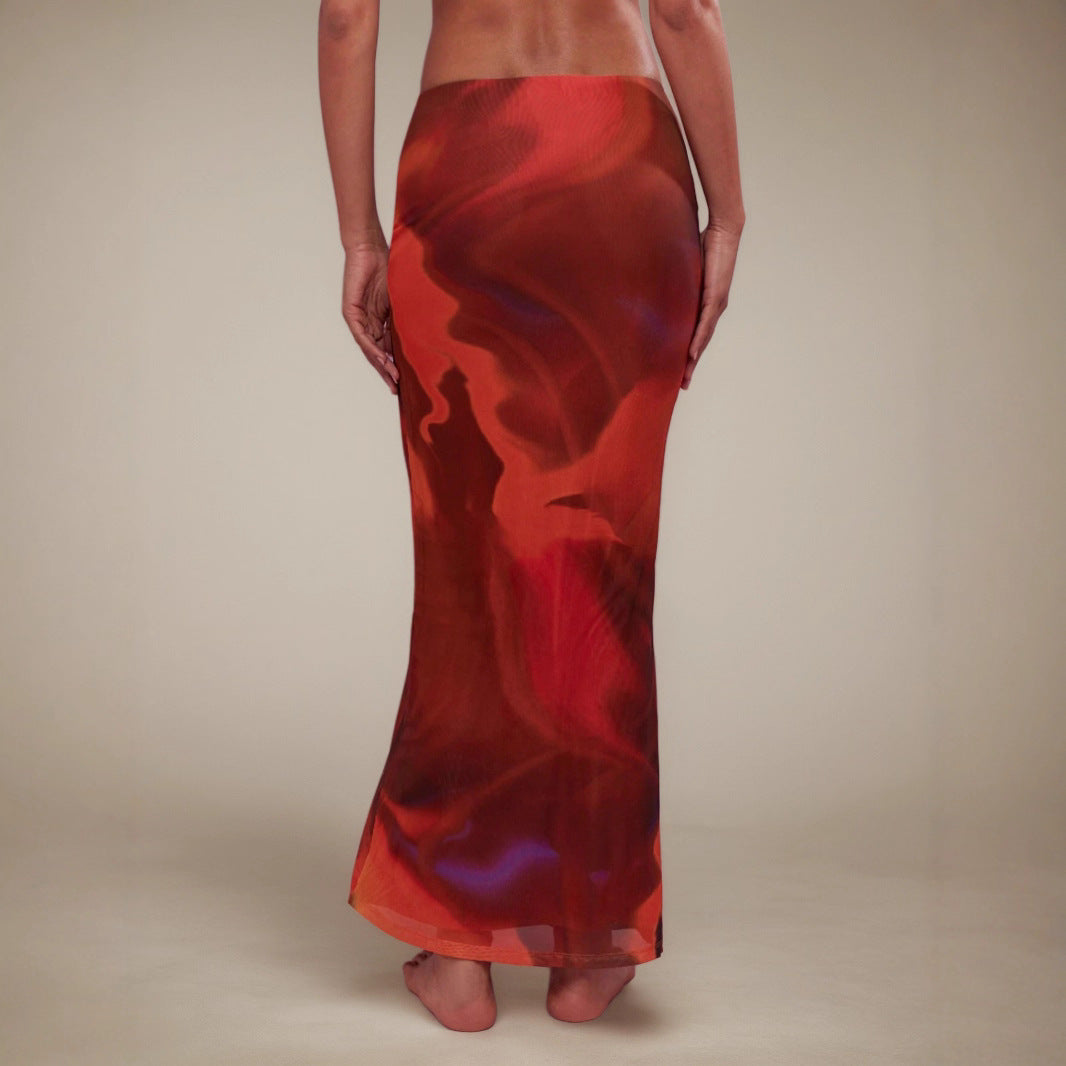 Retro Printed Slim-fit Long Skirt