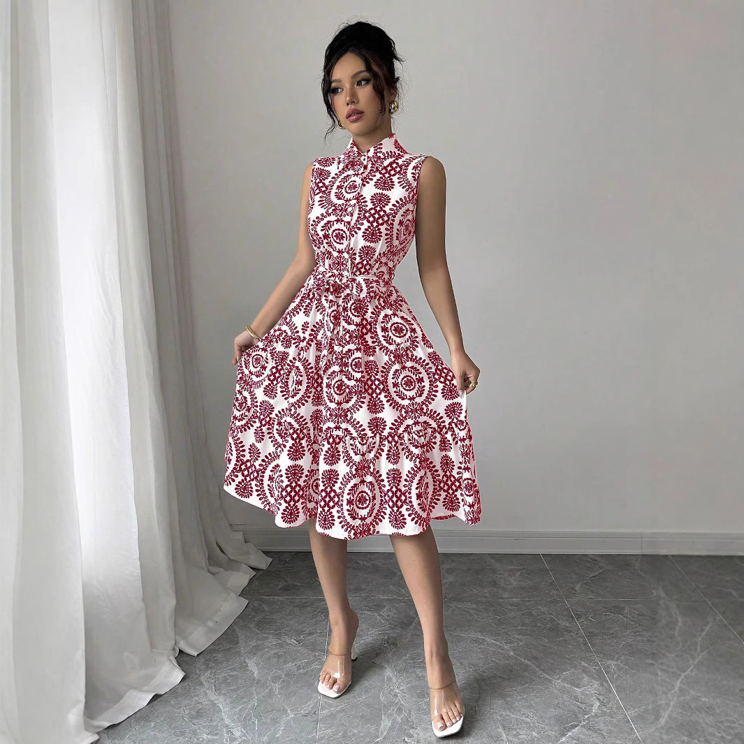 Stylish Printed Sleeveless Lace-Up Waist-Cinching Dress