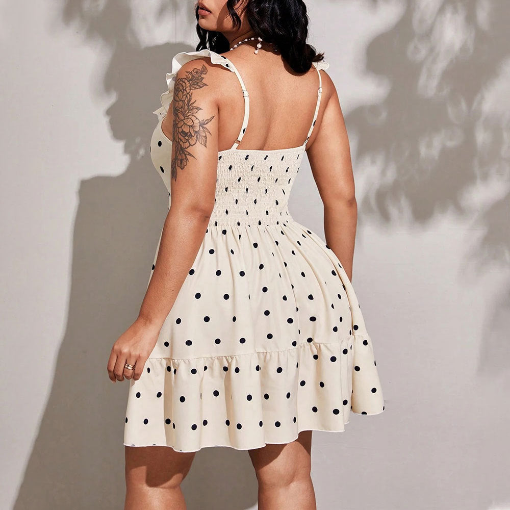 Deep V-neck Backless Polka-Dot Halter Strap Dress