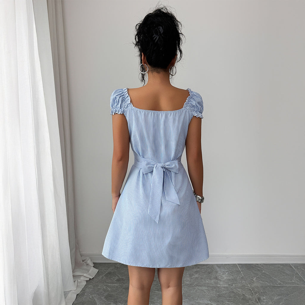 Womens Fashionable And Elegant Striped Puff-Sleeve Dress