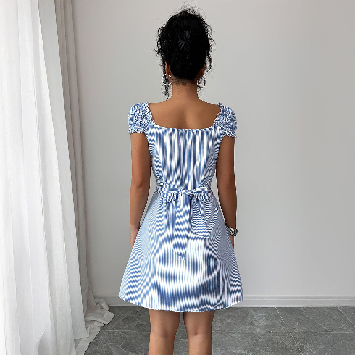 Womens Fashionable And Elegant Striped Puff-Sleeve Dress