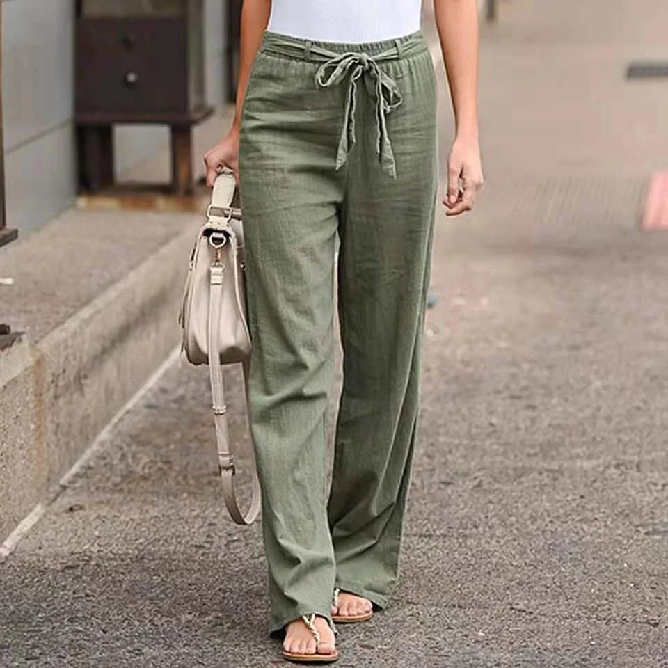 Elastic Waist Straight Linen Pants