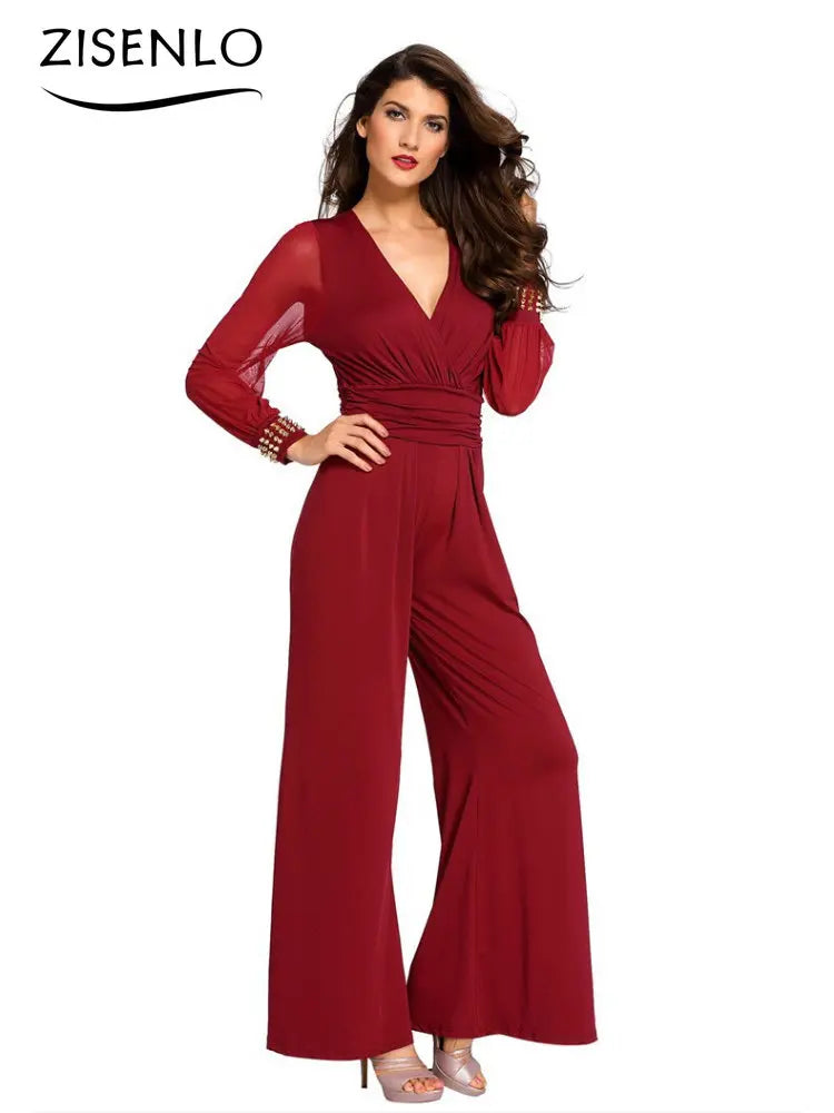 V Neck Long Sleeves Lapel Solid Jumpsuit