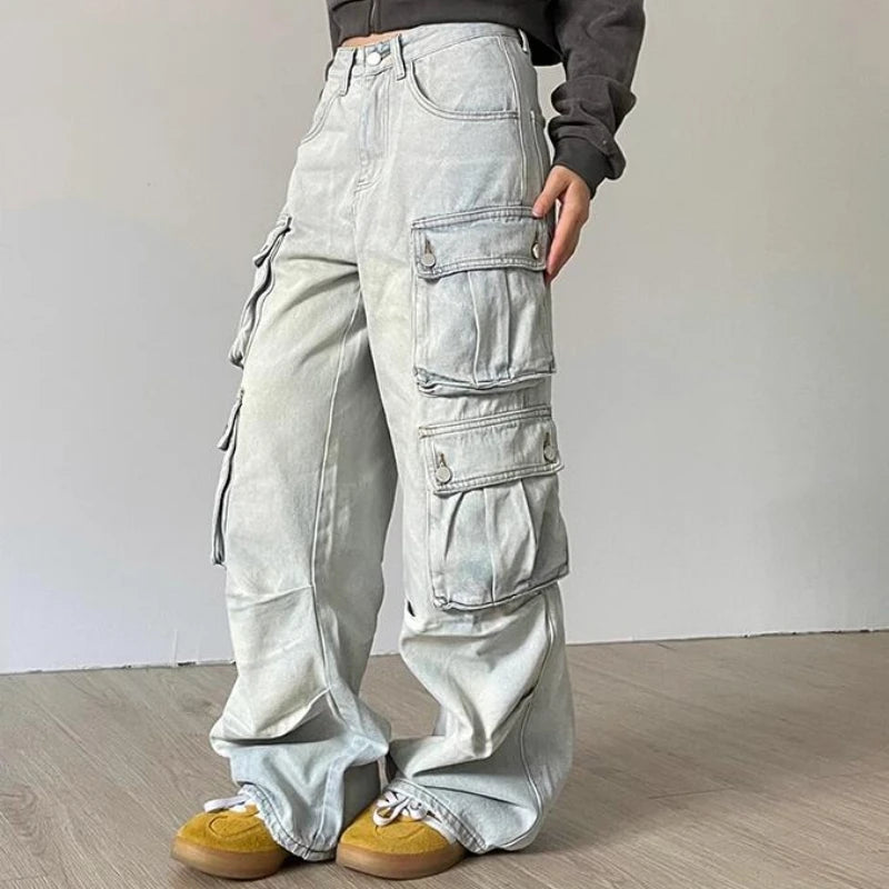 Autumn Winter Women's Blue Baggy Cargo Jeans