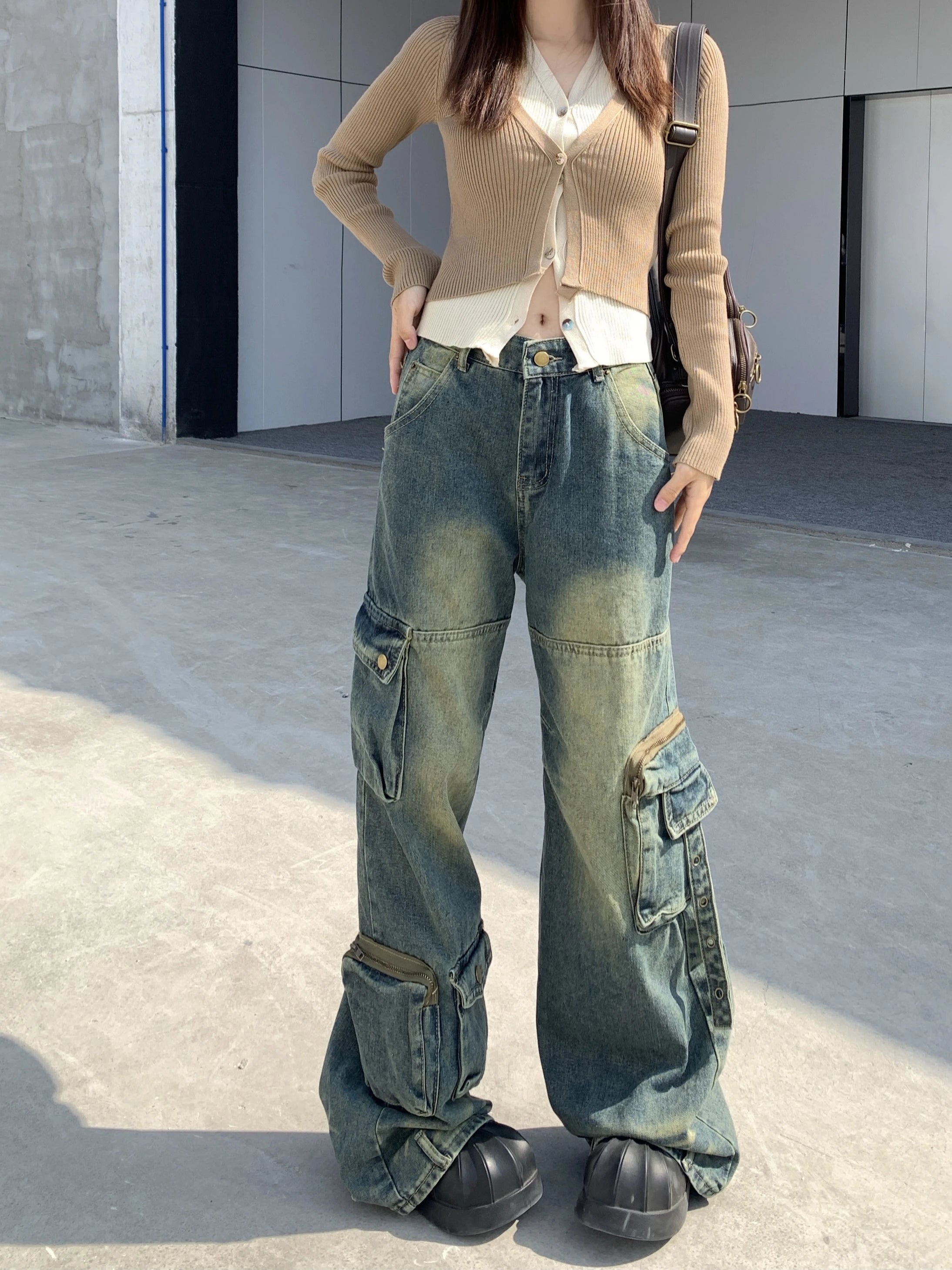 Autumn Winter Women's Blue Baggy Cargo Jeans