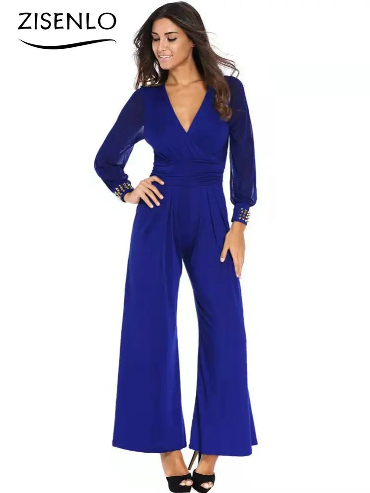 V Neck Long Sleeves Lapel Solid Jumpsuit