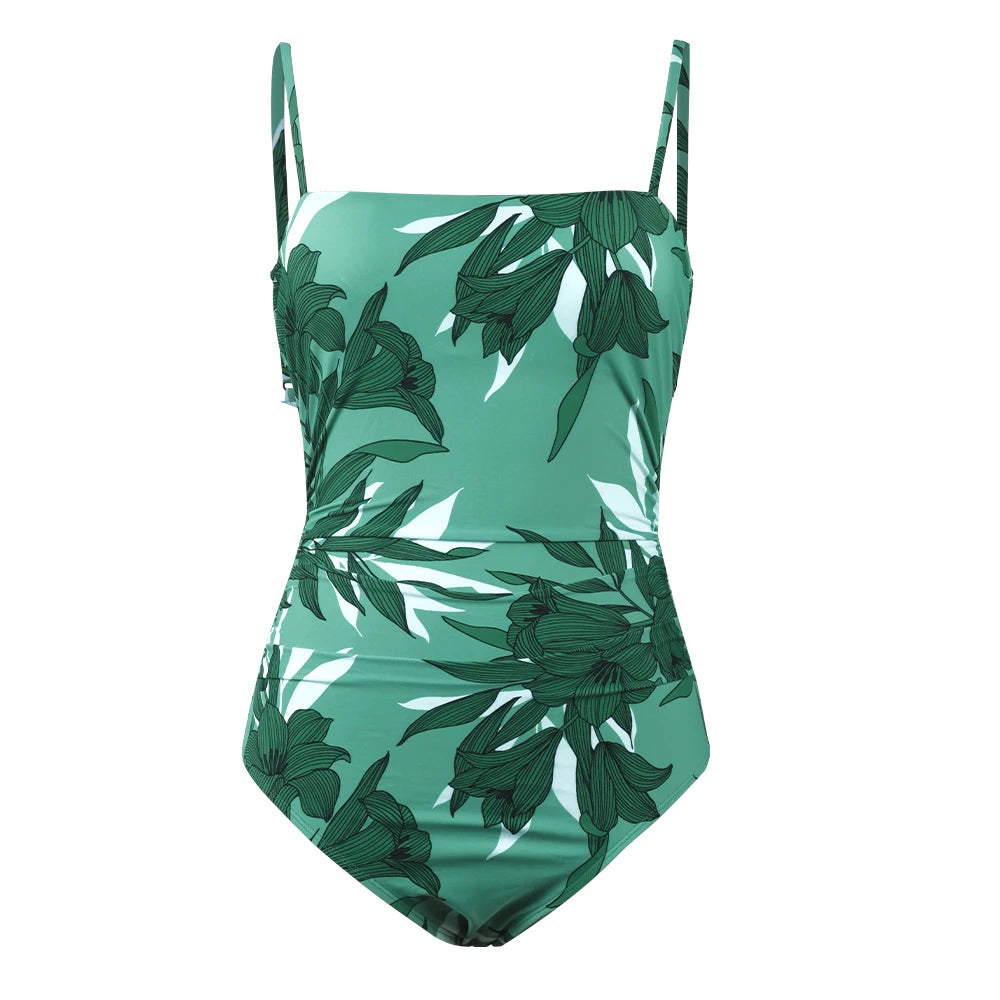 Leaf Print Square Neck One-Piece Swimsuit