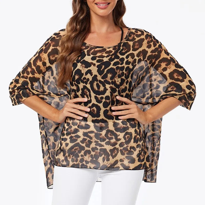 Irregular Leopard Print Chiffon Blouse