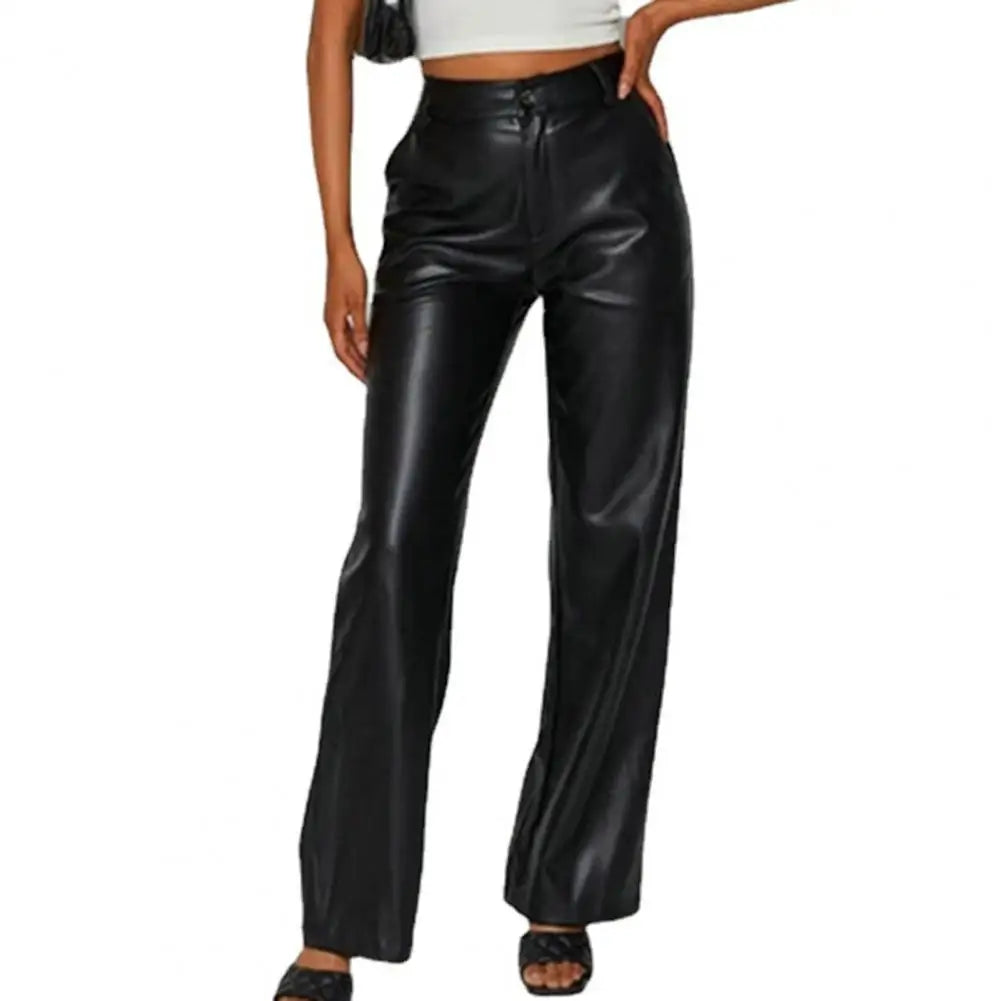 Faux Leather Elastic Waist Cargo Pants