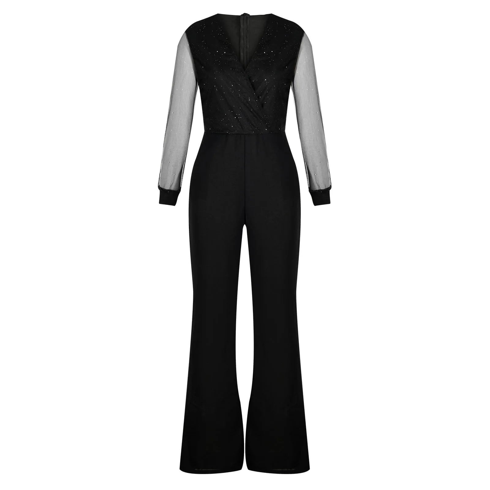 Black V-Neck Mesh Sequins Jumpsuit