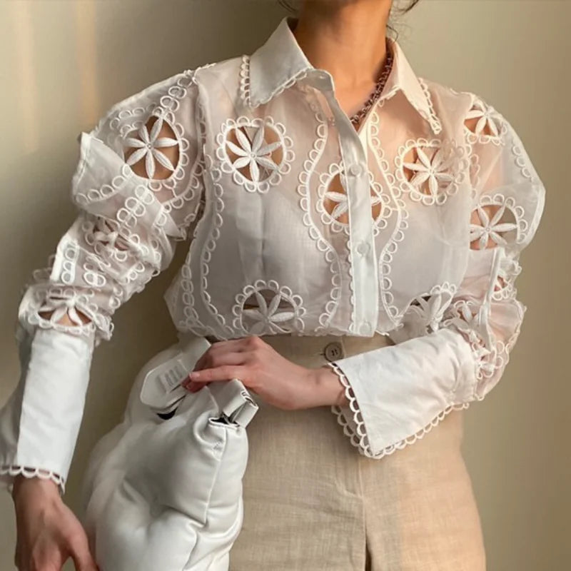 Sexy Hollow Floral Embroidery Blouse