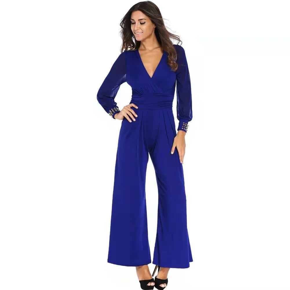 V Neck Long Sleeves Lapel Solid Jumpsuit