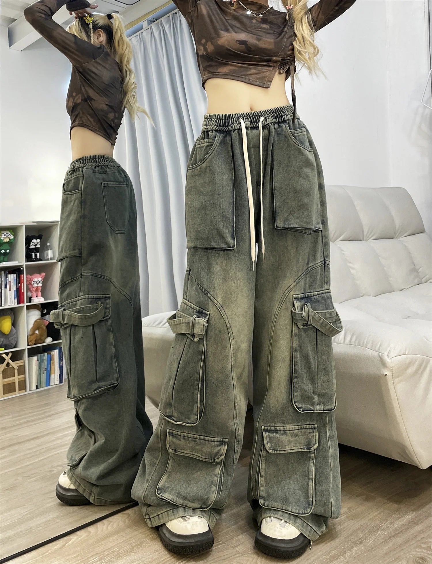 Autumn Winter Women's Blue Baggy Cargo Jeans