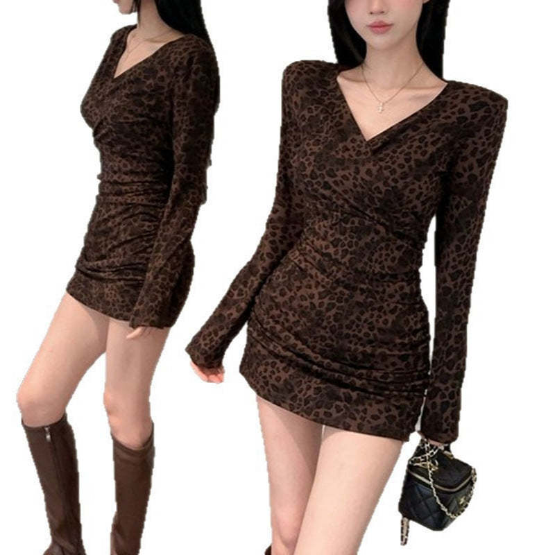 Womens French-Style V-Neck Leopard-Print Long-Sleeve Dress