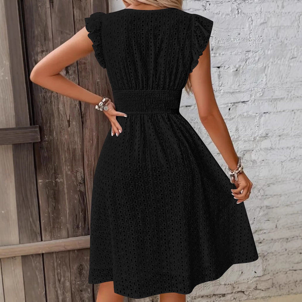 Lotus-Leaf Sleeve V-Neck Hollow-Out Embroidered Dress