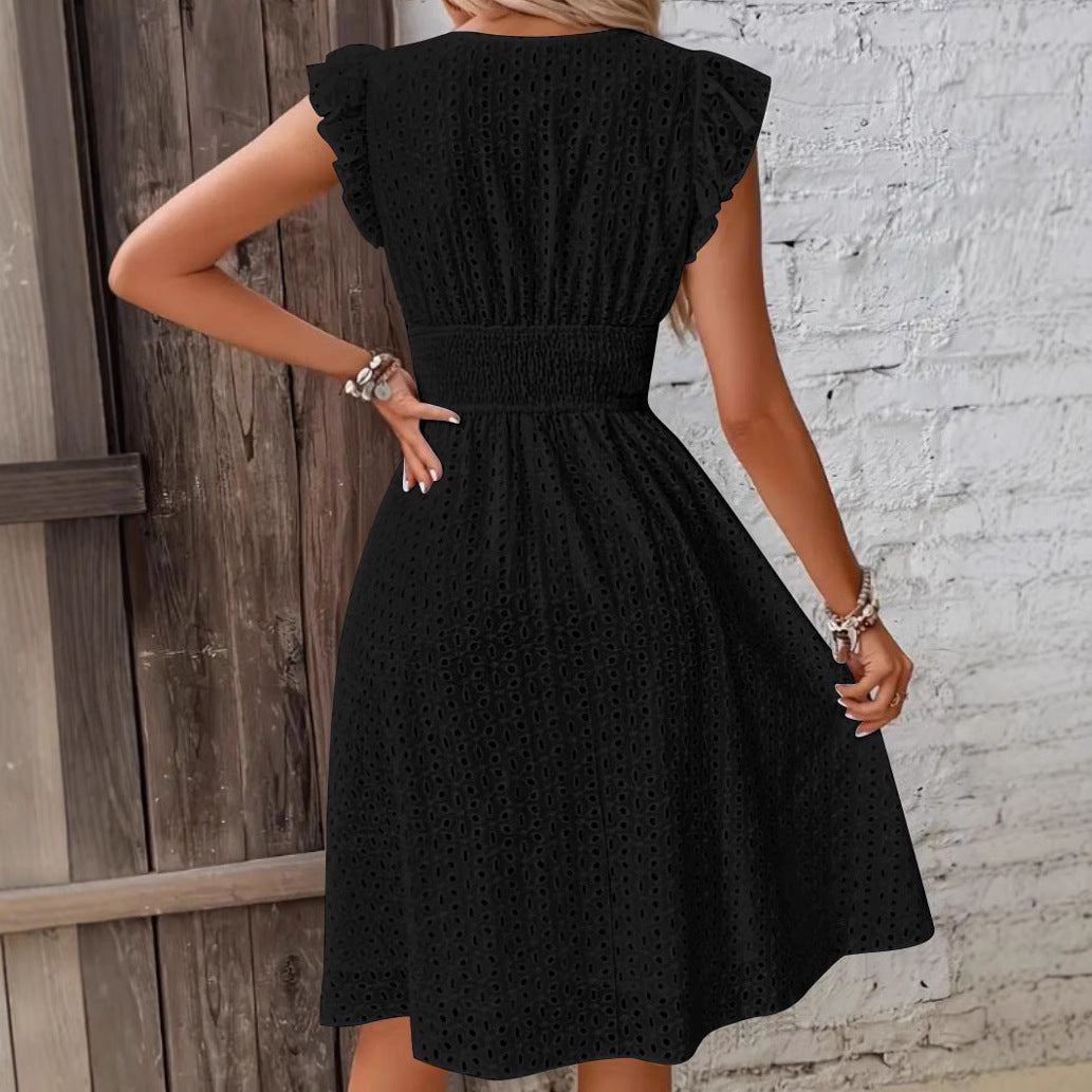 Lotus-Leaf Sleeve V-Neck Hollow-Out Embroidered Dress