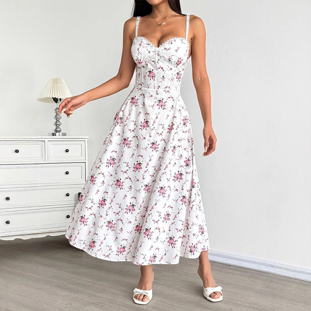 Printed Tube-top Slip Dress With Back-tie Waistband For A Slimming Effect