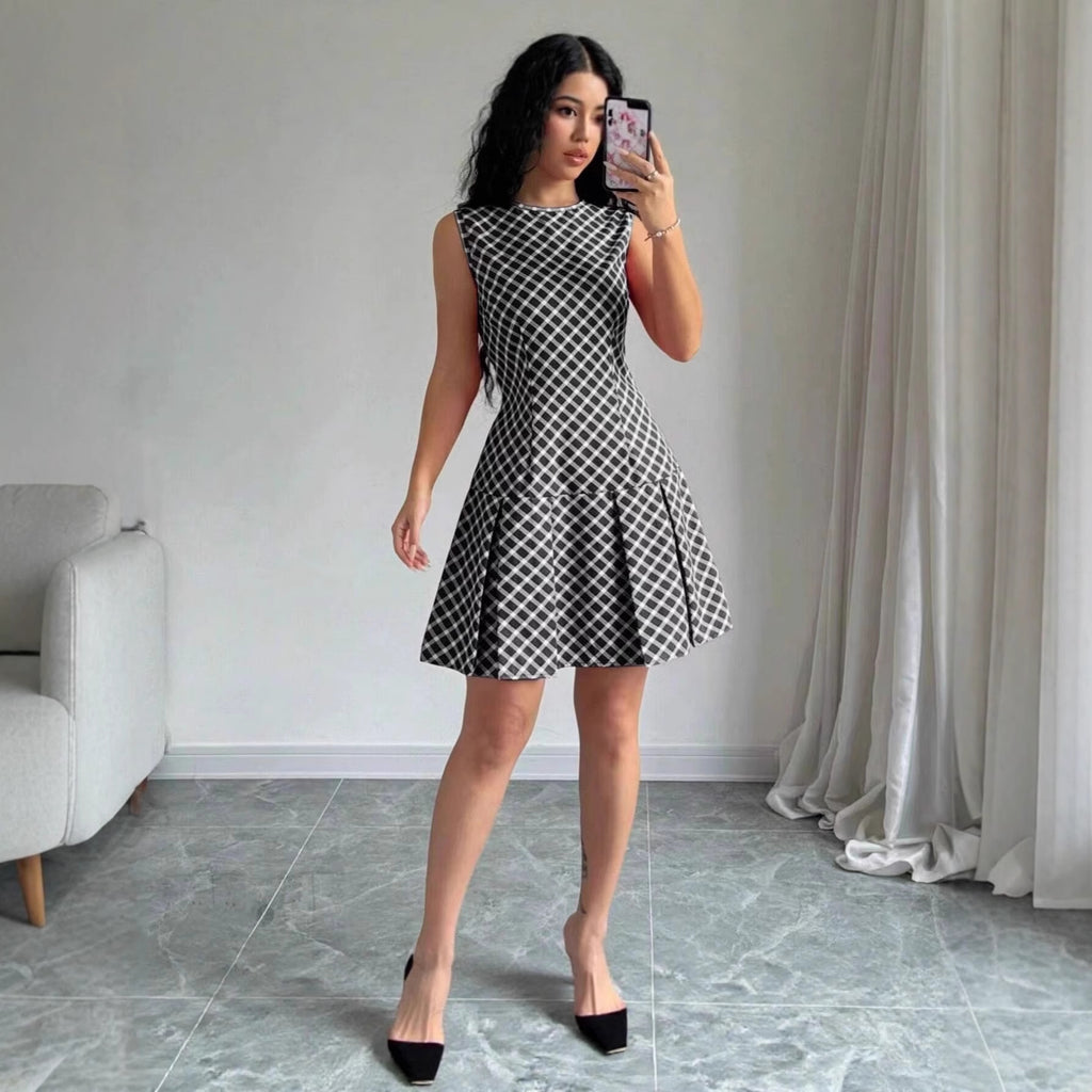Women's Casual All-Match EuropeanAmerican Style Plaid Pleated Dress