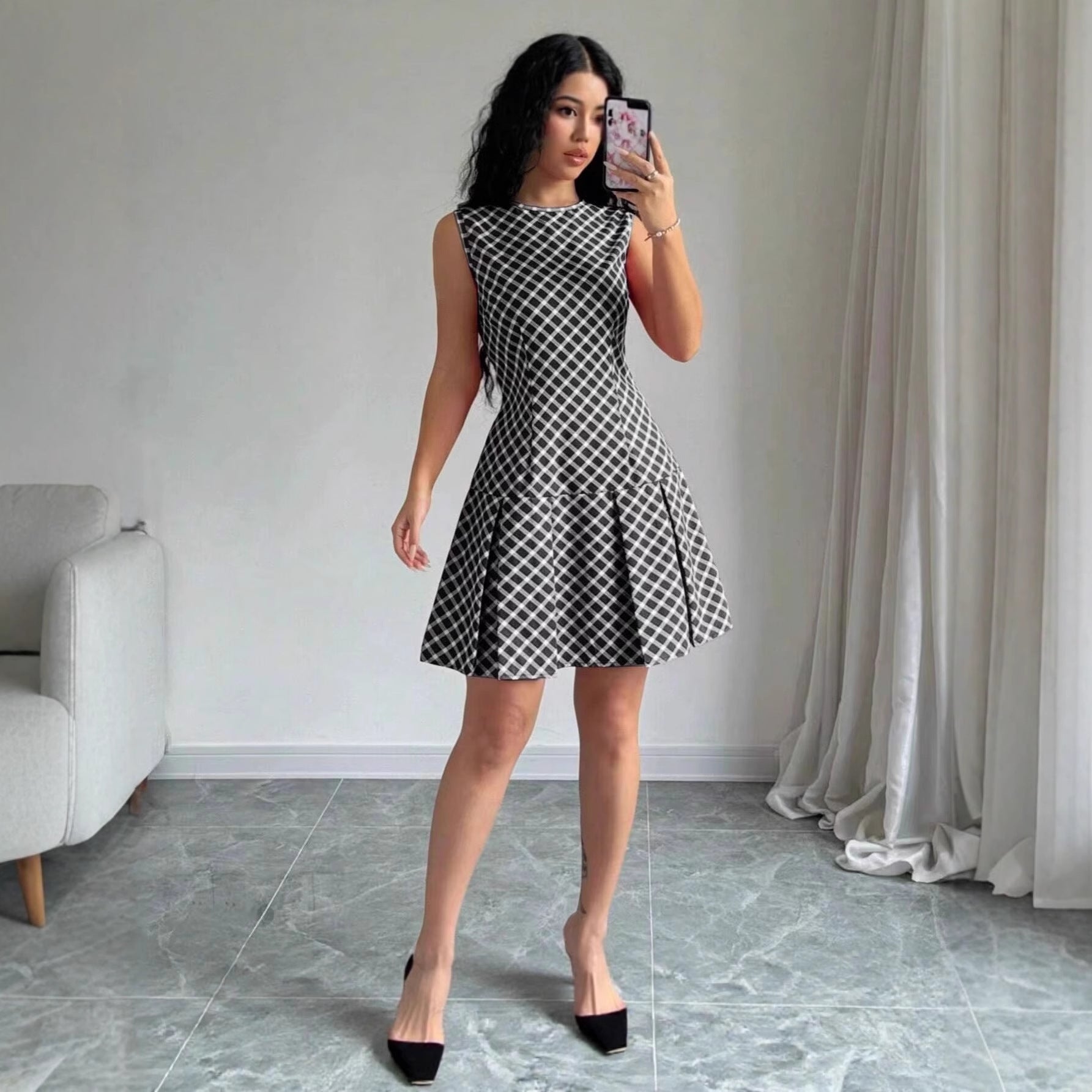 Women's Casual All-Match EuropeanAmerican Style Plaid Pleated Dress