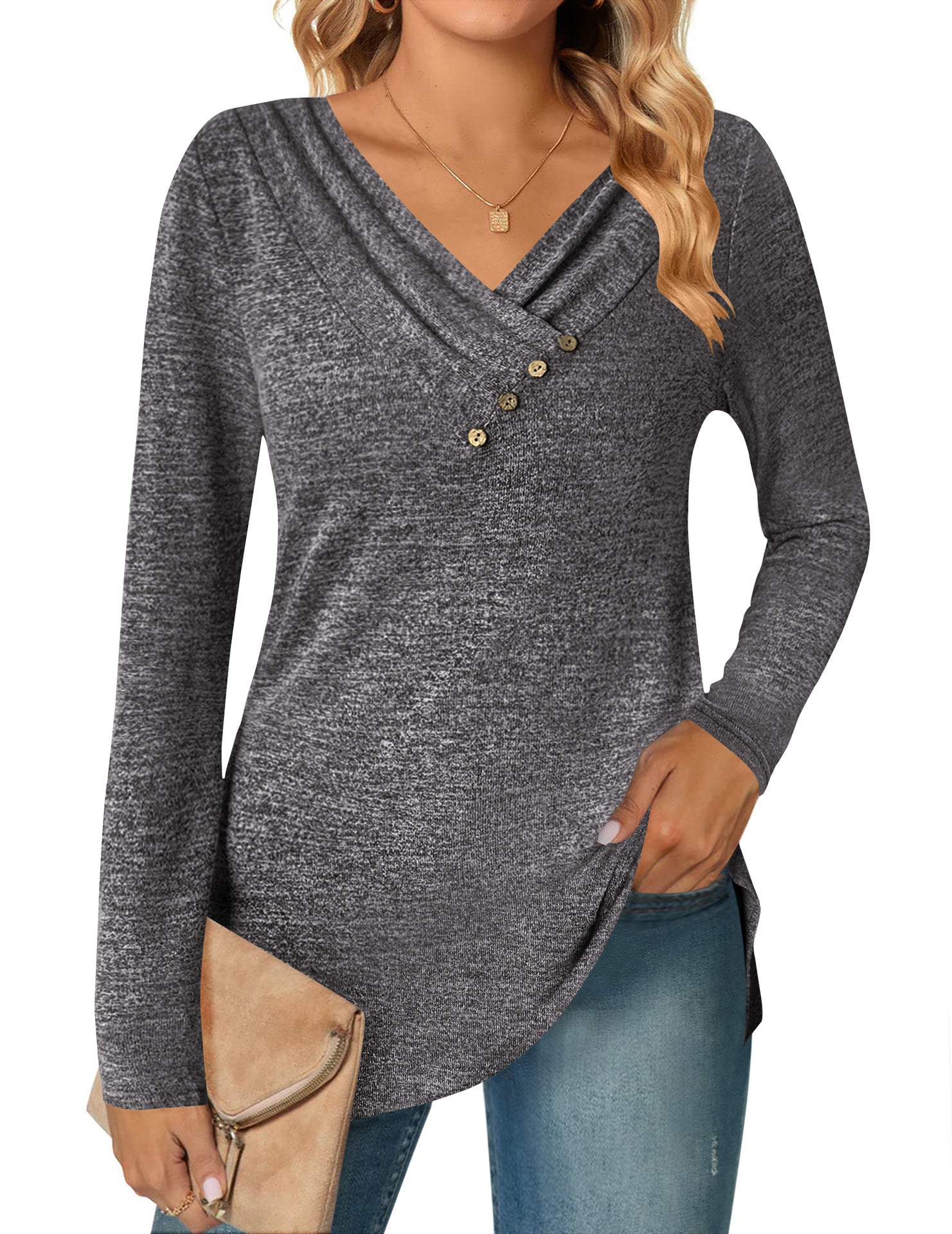 Women's Long Sleeve V-neck Button-up Shirt