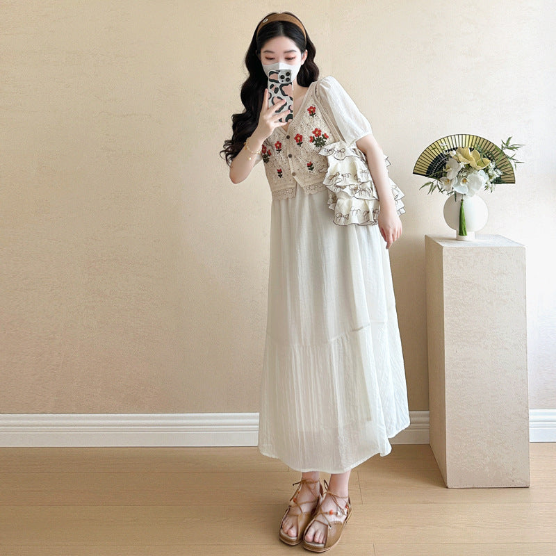 Fashionable Crochet Vest-Look Fake Two-Piece Maternity Dress