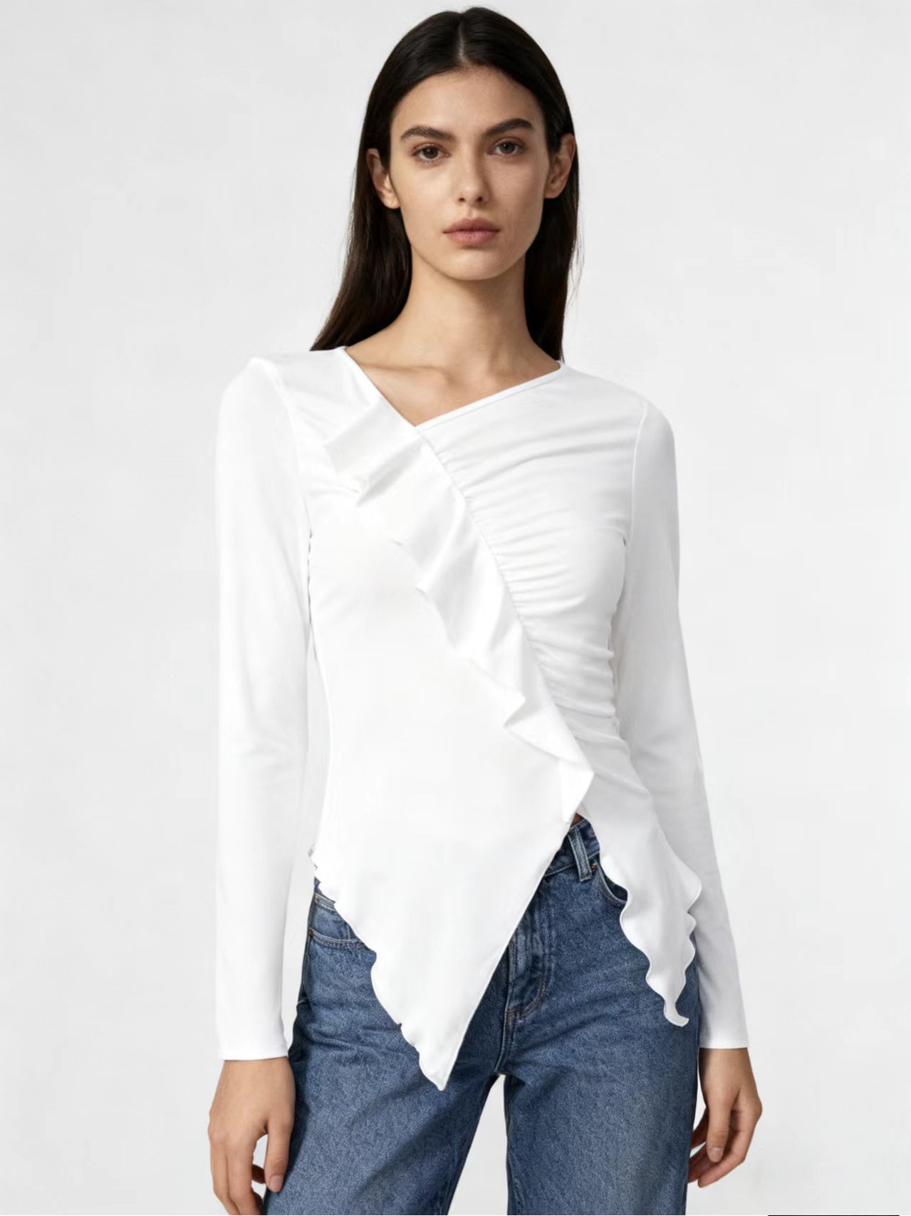 Pleated Ruffled Edge Square Neck Long Sleeve Base Shirt