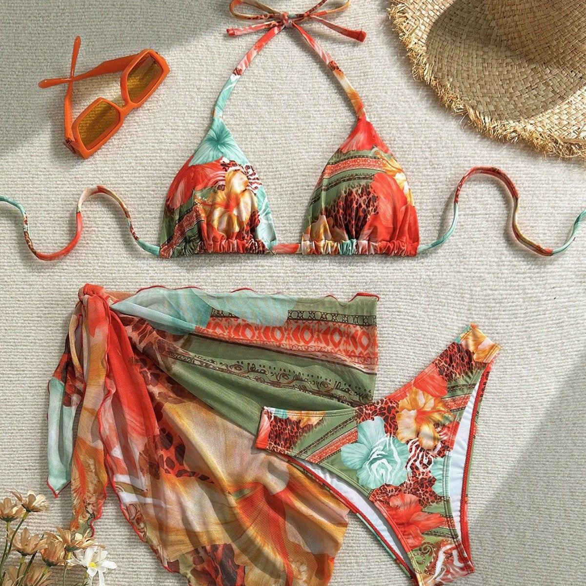 European And American-style Three-Piece Apron Bikini Flower-Printed Lace-Up Womens Swimsuit