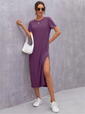 Womens Knitted Short-sleeve Dress With A Round Neck And Side Slit